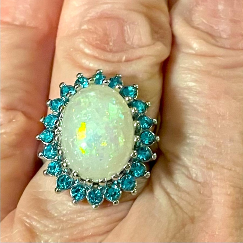 Silver and Opal Ring with Small Blue Stones Size 6